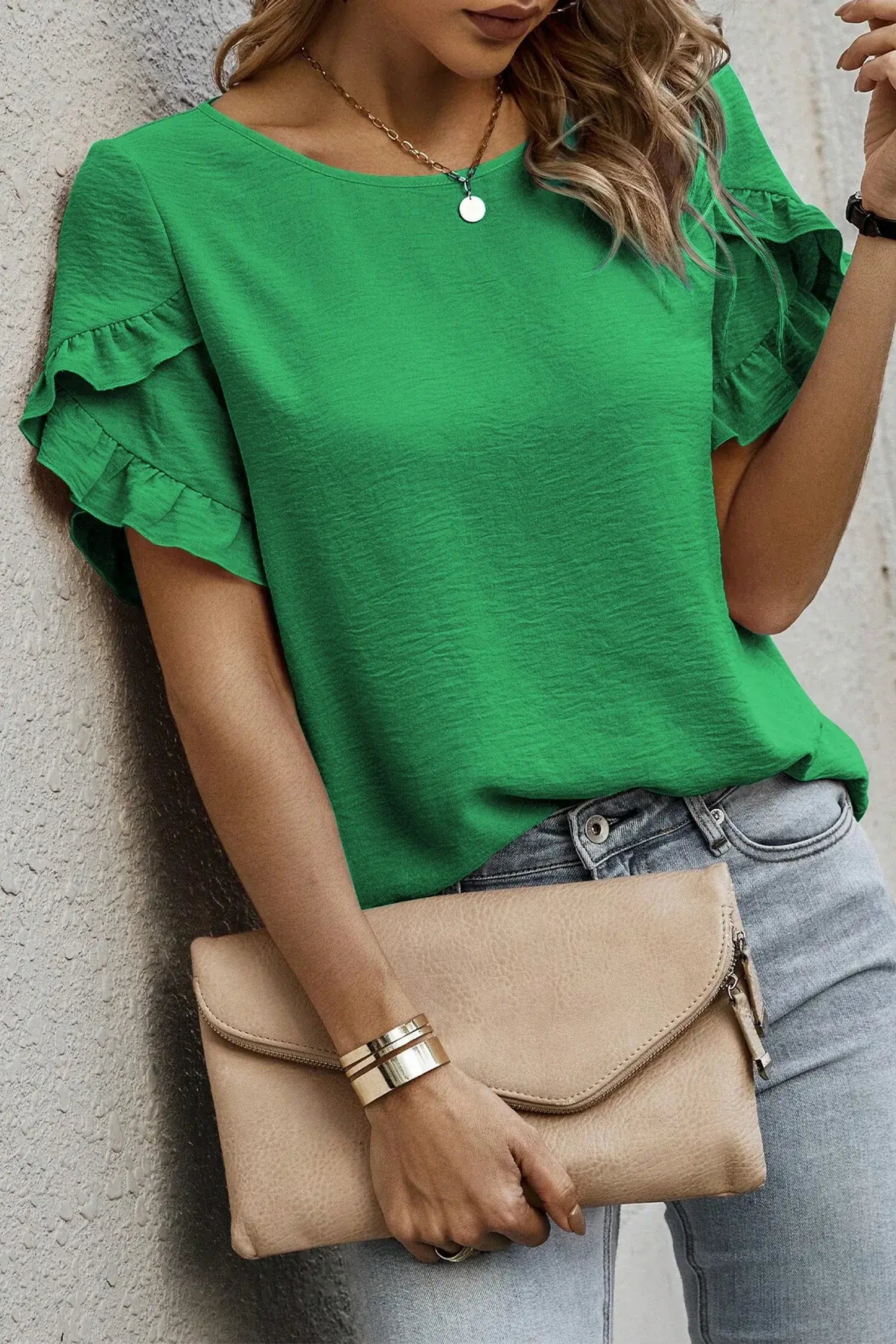 Sea Green Solid Color Ruffle Trim Short Sleeve Blouse - Sweet Fashion Wholesale
