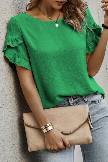 Sea Green Solid Color Ruffle Trim Short Sleeve Blouse - Sweet Fashion Wholesale