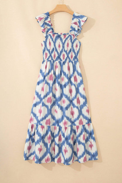 Sky Blue Ethnic Geometric Print Square Neck Smocked High Waist Ruffle Sleeve Dress