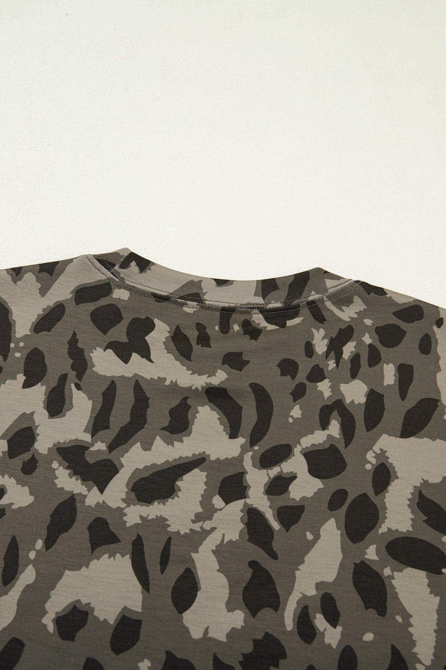 Brown Retro Leopard Print Mock Neck Slim Tee - Sweet Fashion Wholesale