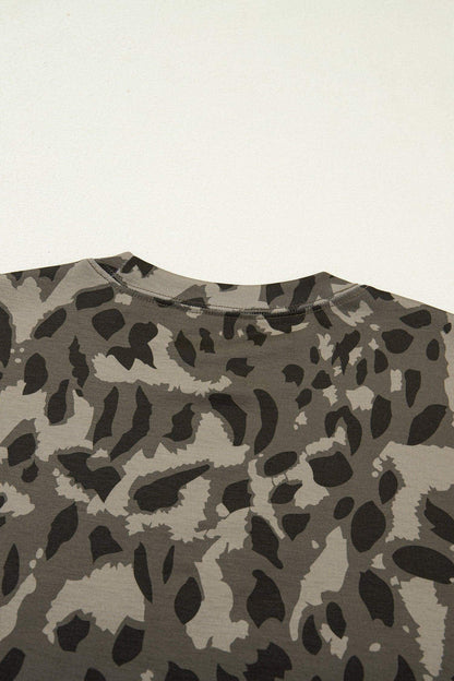 Brown Retro Leopard Print Mock Neck Slim Tee - Sweet Fashion Wholesale
