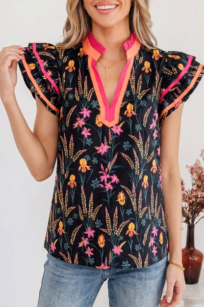 Black Floral Print Contrast Trim Tiered Ruffled Short Sleeve Blouse