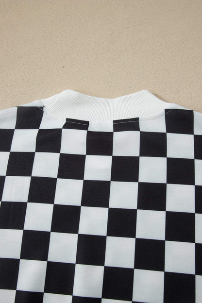 Black Checkered Print Color Block Trim Mock Neck Short Set