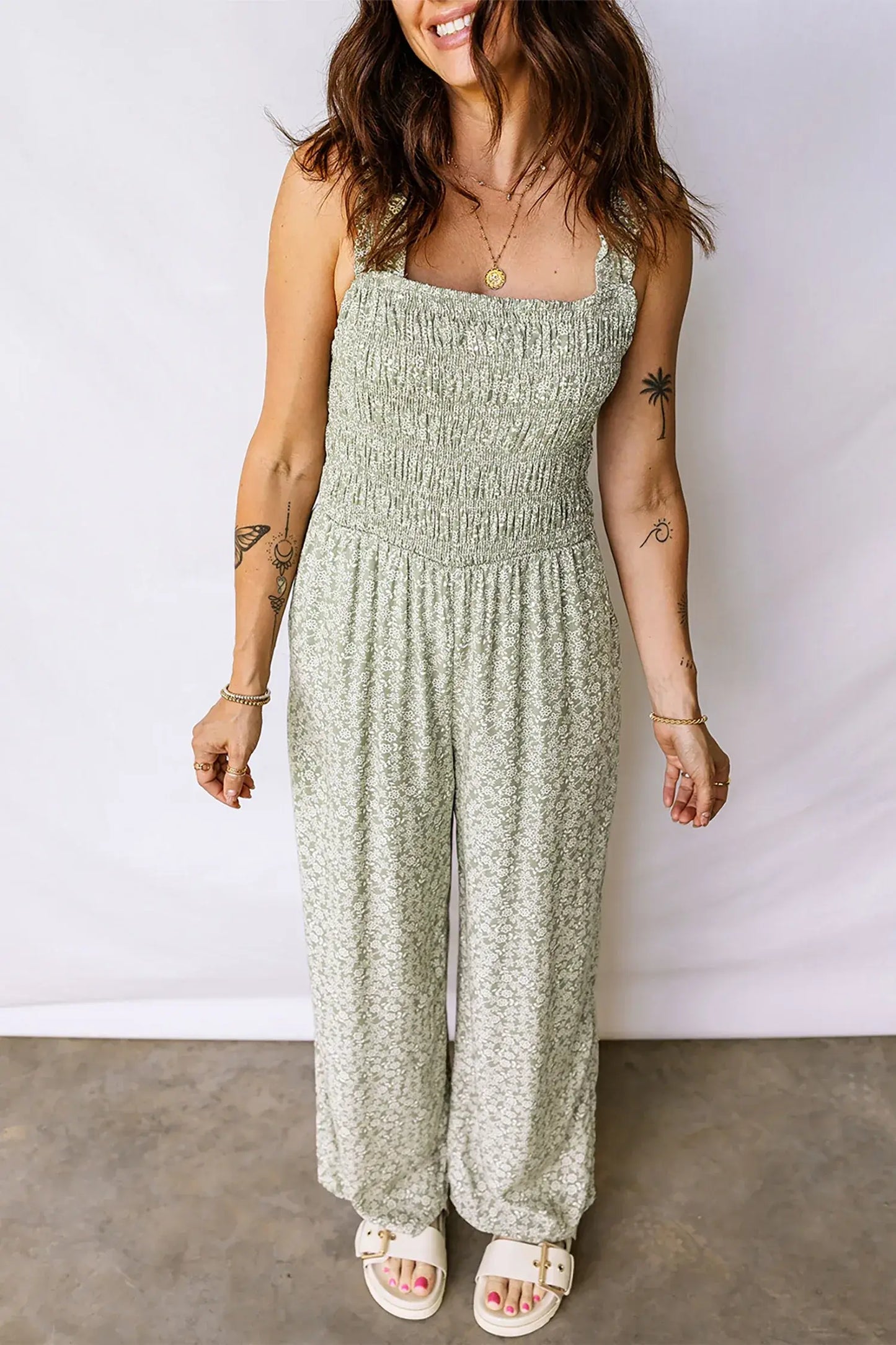 Green Smocked Bodice Square Neck Sleeveless Floral Jumpsuit - Sweet Fashion Wholesale