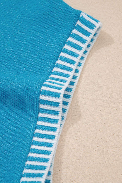 Blue Contrast Stitch Trim Knot Side Mock Neck Sweater Vest