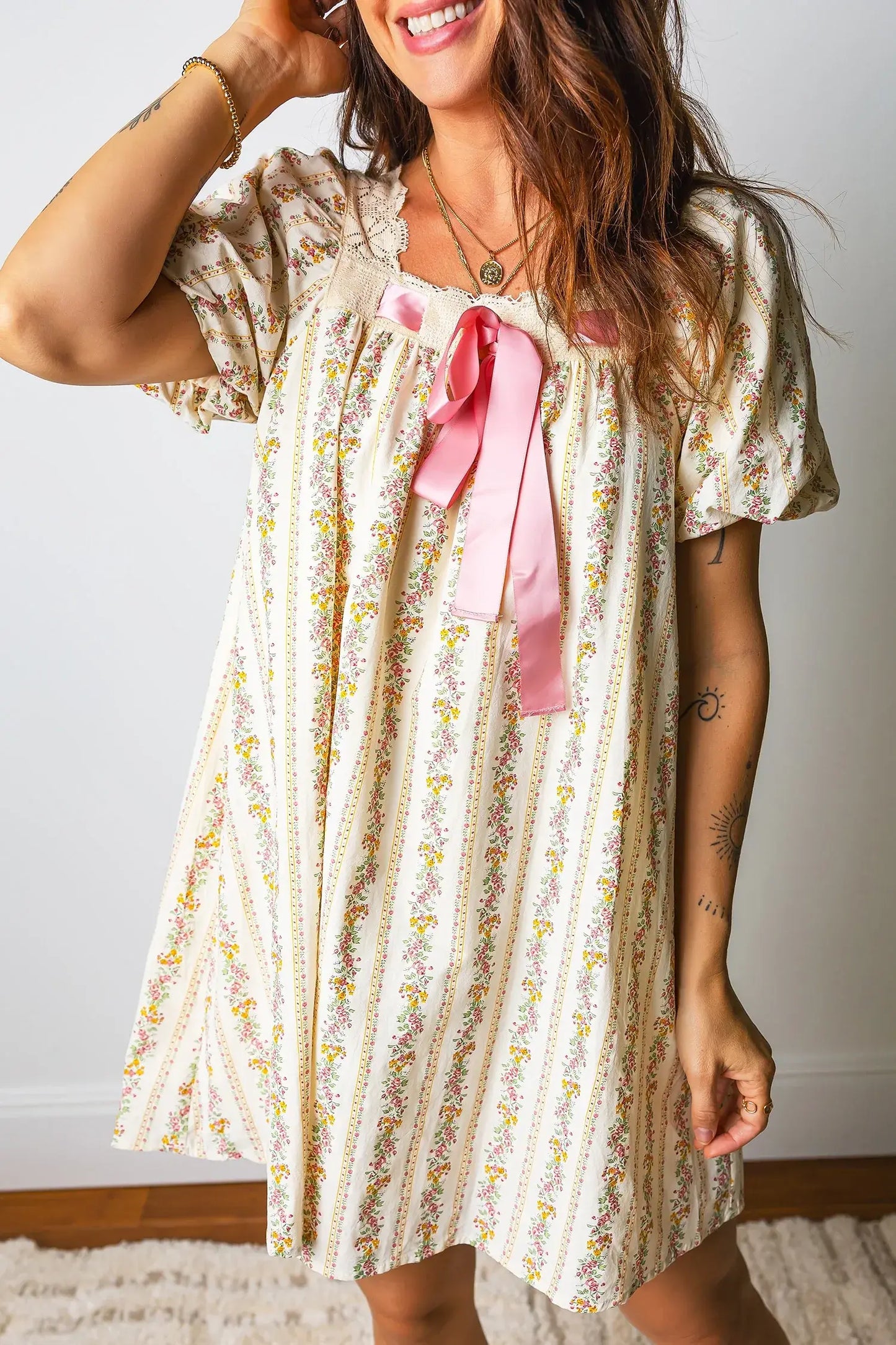 Multicolour Floral Print Contrast Ribbon Bow Lace Trim Square Neck Mini Dress