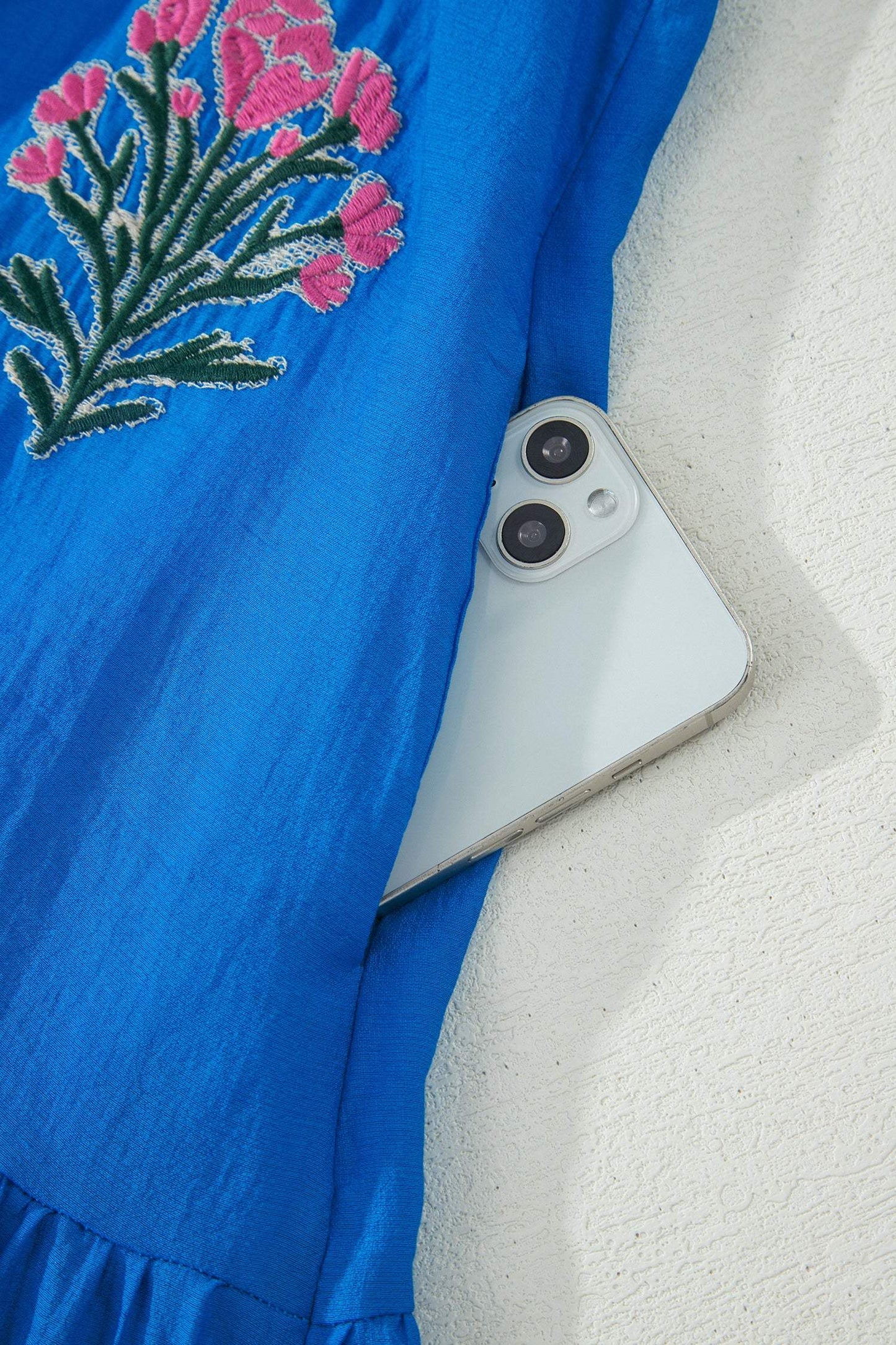 Blue Flower Embroidered Split Neck Short Puff Sleeve Ruffle Hem Dress