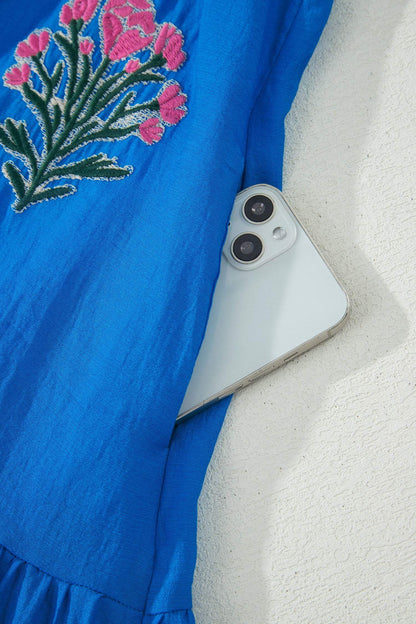 Blue Flower Embroidered Split Neck Short Puff Sleeve Ruffle Hem Dress