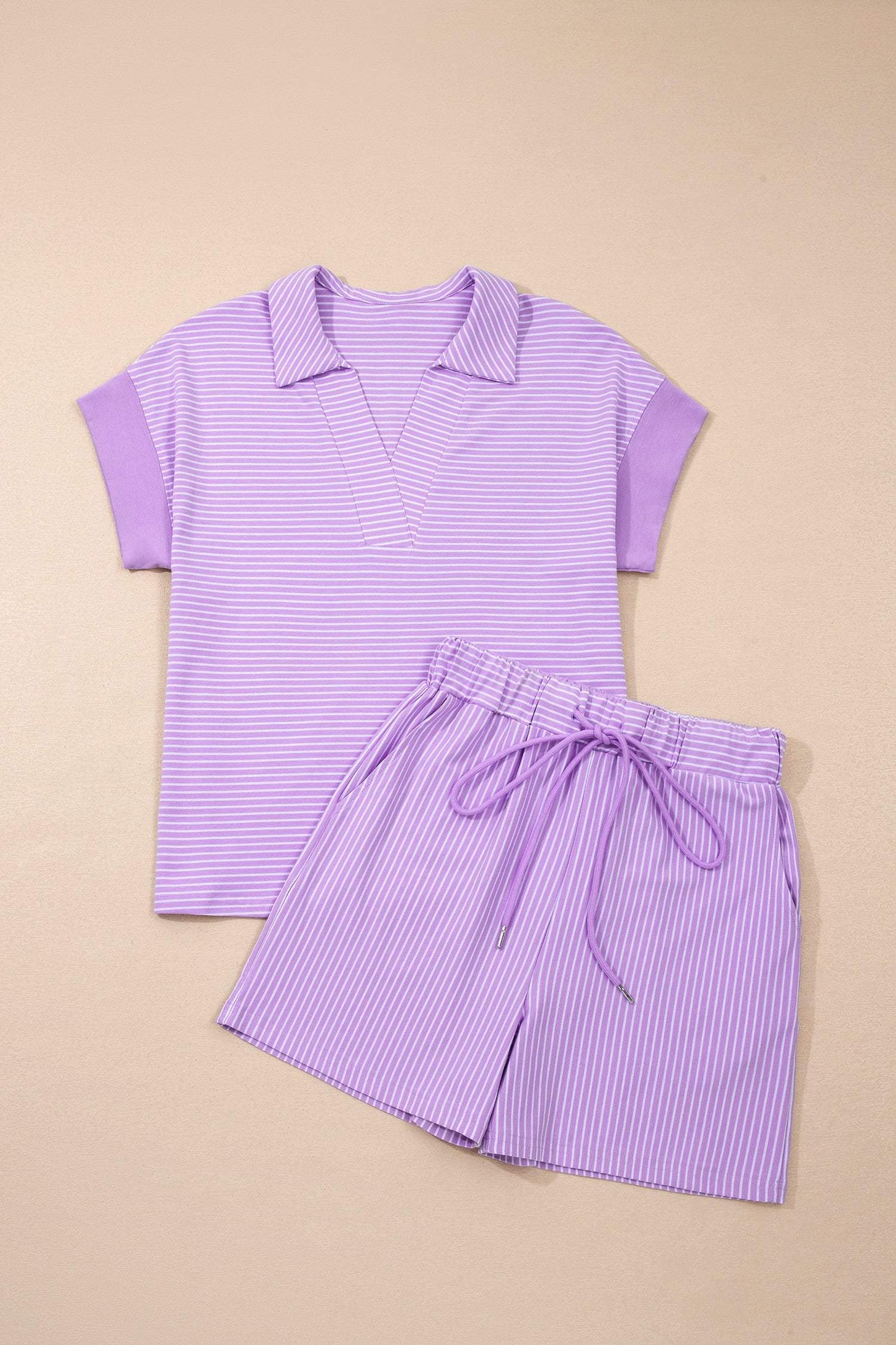 Khaki Stripe Dolman Sleeve Polo Shirt and Drawstring Shorts Set