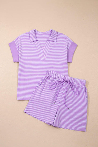 Khaki Stripe Dolman Sleeve Polo Shirt and Drawstring Shorts Set