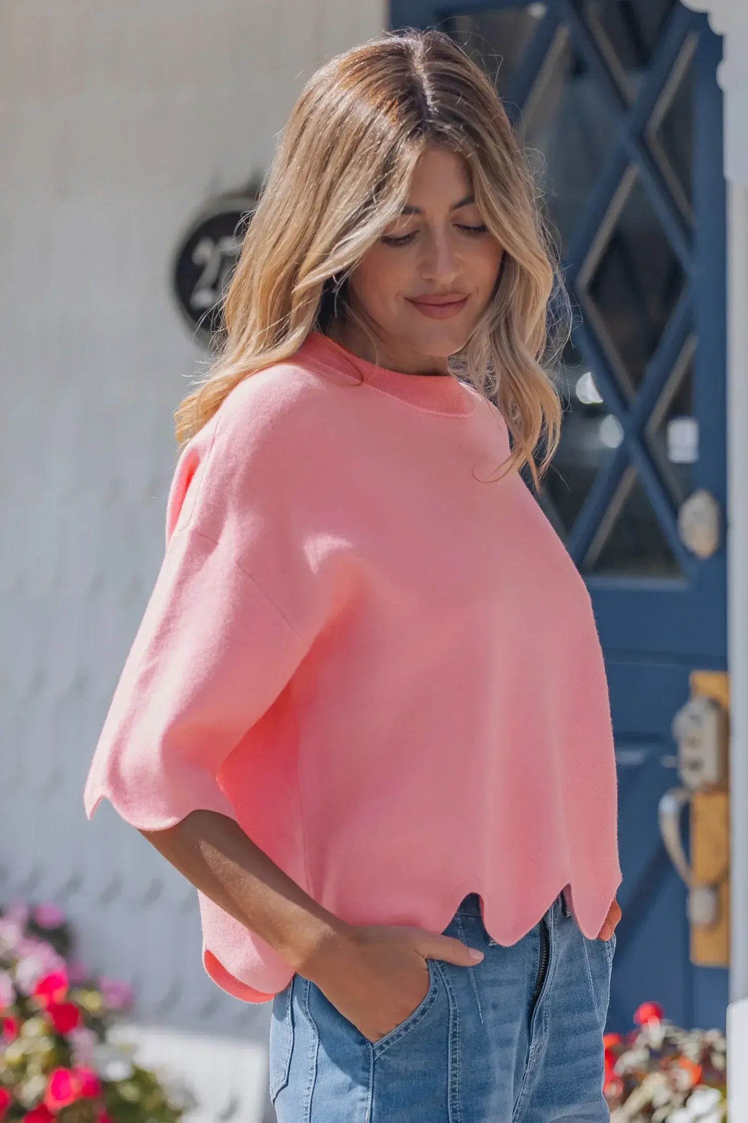 Myosotis Scalloped Hem 3/4 Sleeve Sweater Top - Sweet Fashion Wholesale