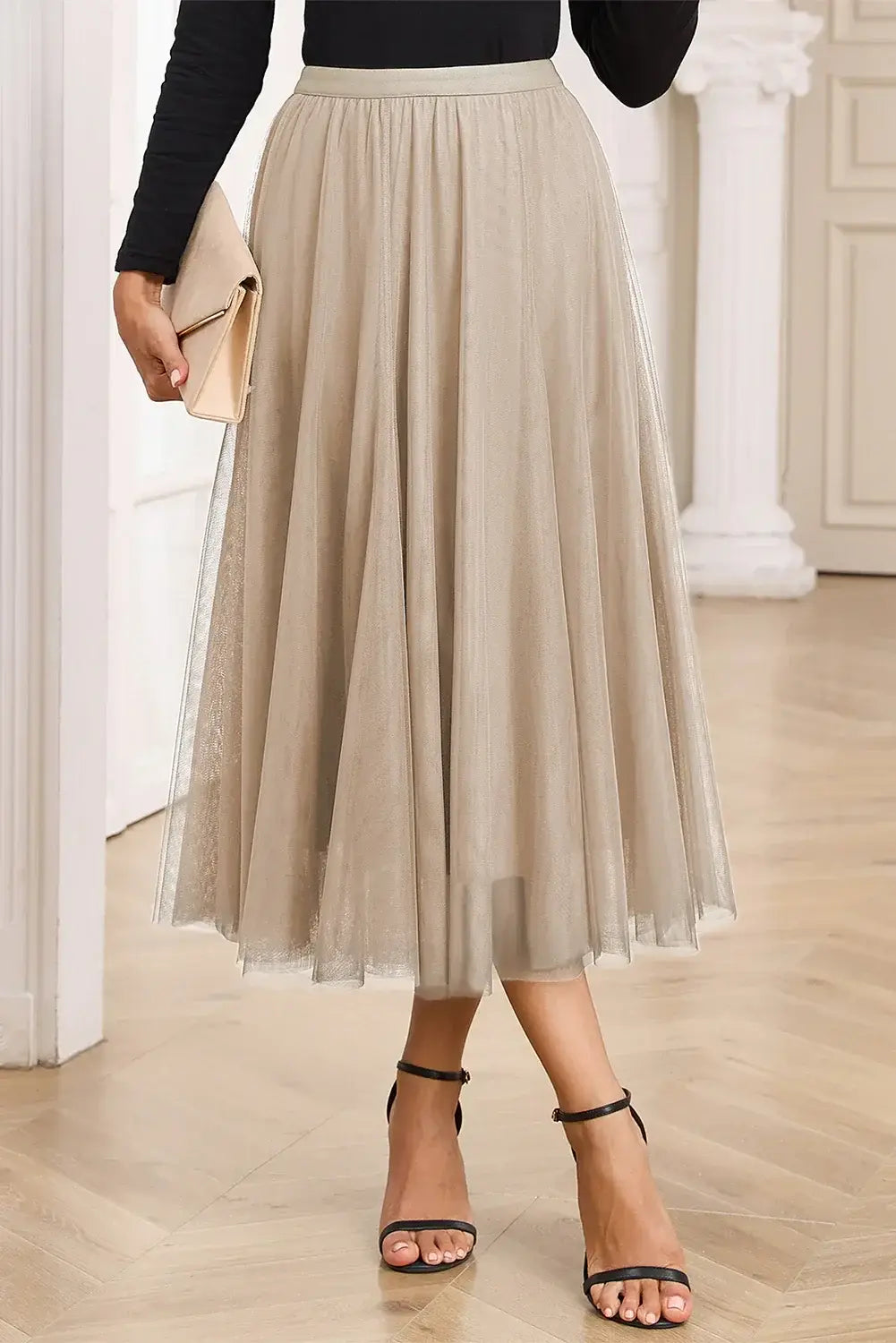 Apricot Tulle Mesh Overlay Flared Midi Skirt - Sweet Fashion Wholesale