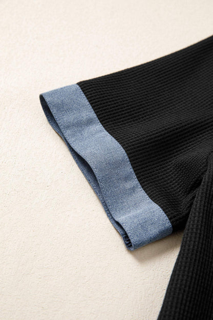 Black Waffle Knit Denim Color Block Patchwork Button Flap Polo Top