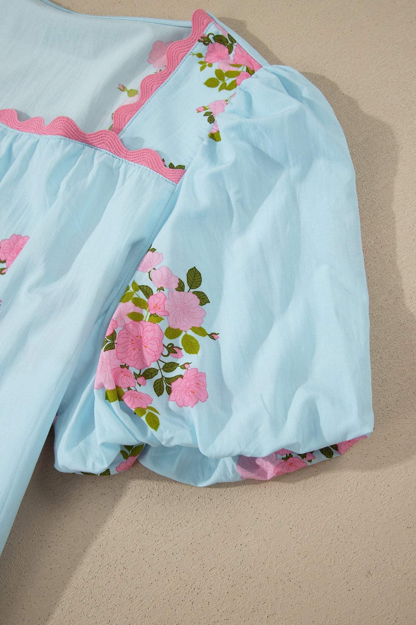 Sky Blue Floral Printed Contrast Ricrac Detail Bubble Sleeve Blouse
