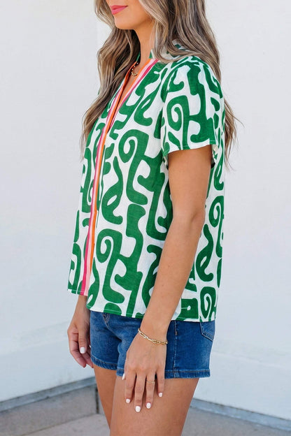 Green Abstract Print Striped Trim V Neck Short Sleeve Blouse