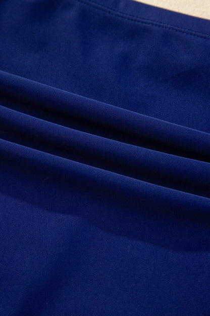 Dark Blue Shell Stitched Trim V Neck Textured Mix and Match High Waist Bikinis