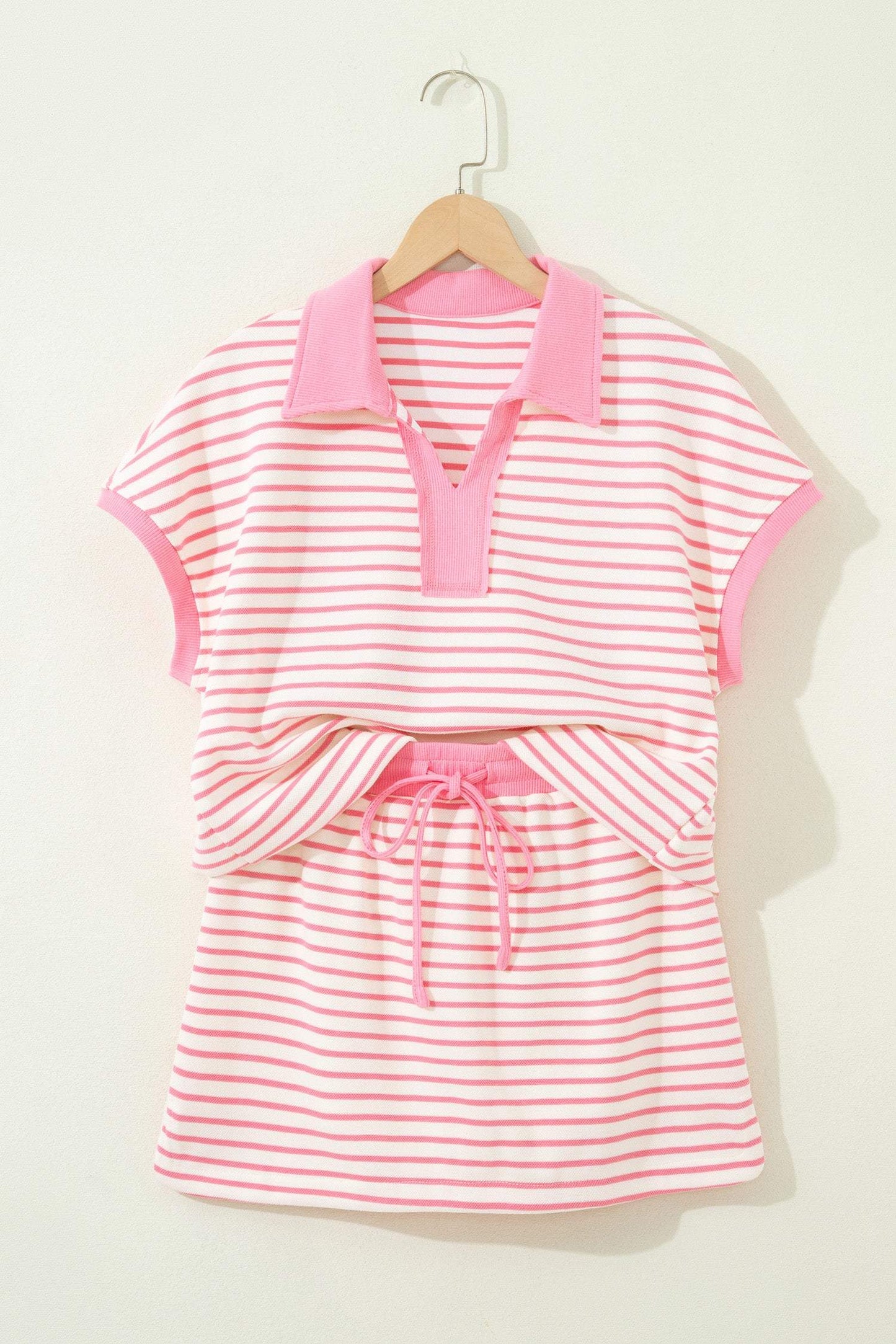 Pink Stripe Color Block Patchwork Polo Tee Drawstring Elastic Waist 2pcs Skort Set