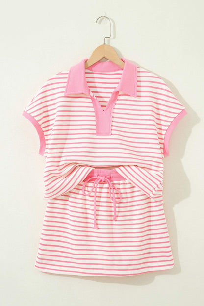Pink Stripe Color Block Patchwork Polo Tee Drawstring Elastic Waist 2pcs Skort Set