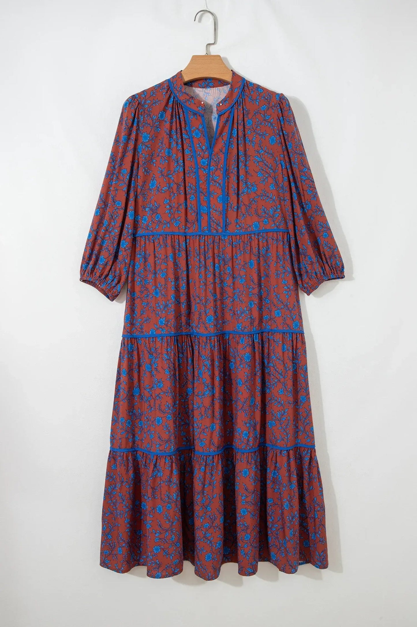 Brown 3/4 Puff Sleeve Tiered Loose Floral Dress - Sweet Fashion Wholesale