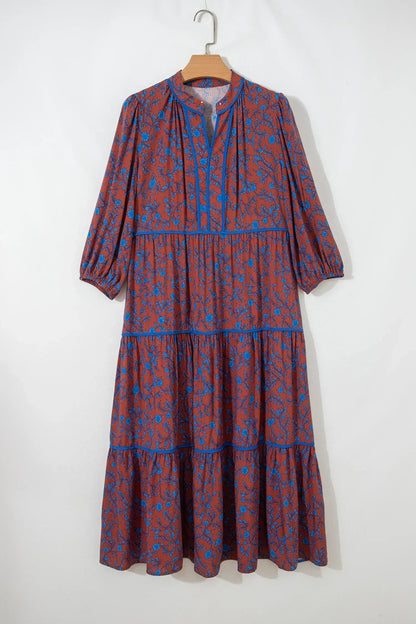 Brown 3/4 Puff Sleeve Tiered Loose Floral Dress - Sweet Fashion Wholesale