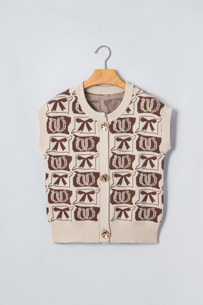 Brown Western Horseshoe Bow Pattern Button Front Sleeveless Knit Sweater