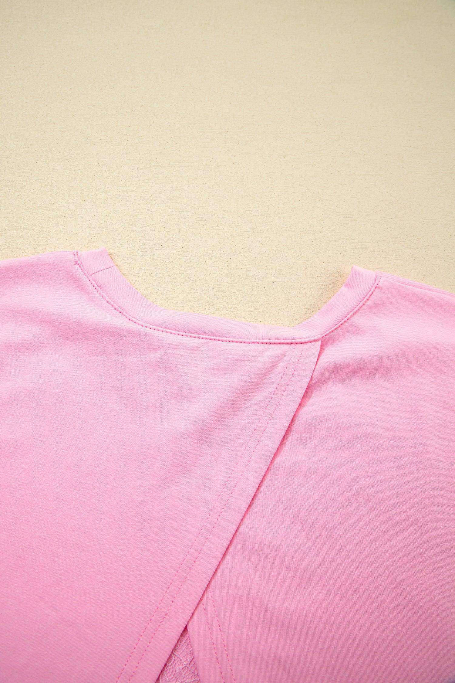 Pink Eyelash Floral Lace Patchwork Half Sleeve Oversize Tee - Sweet Fashion Wholesale