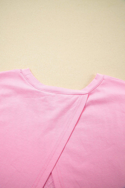 Pink Eyelash Floral Lace Patchwork Half Sleeve Oversize Tee - Sweet Fashion Wholesale