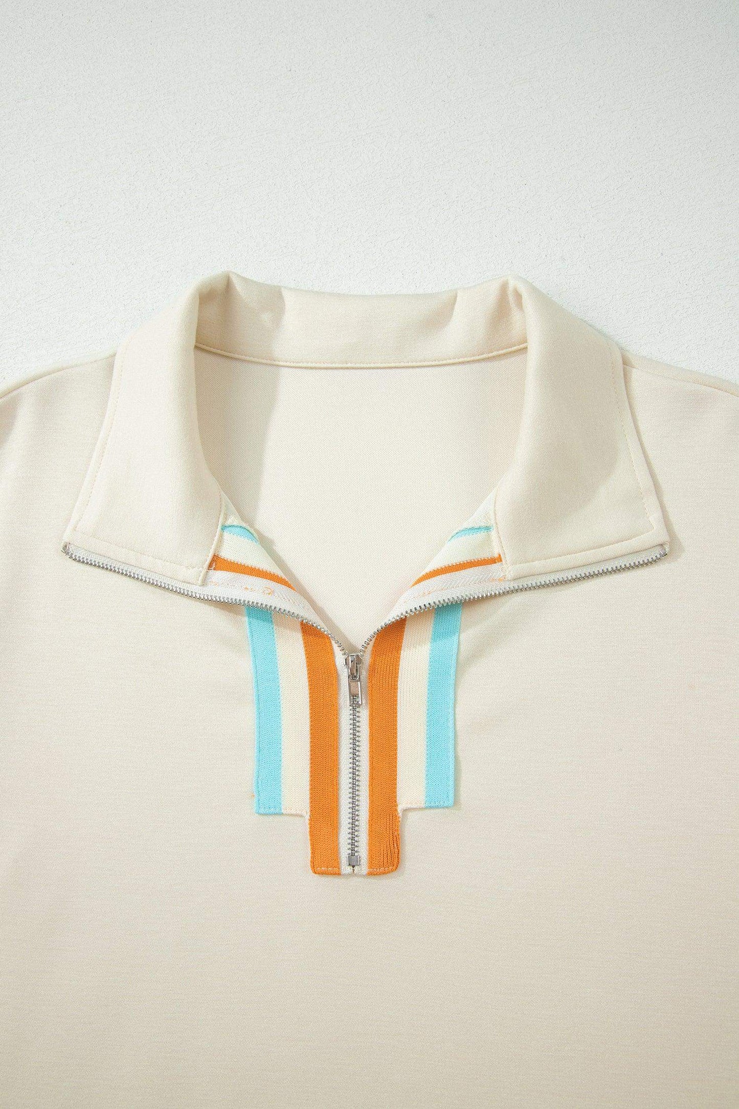 Apricot Colorful Striped Detail Half Zip Polo Tee Loose Shorts Set