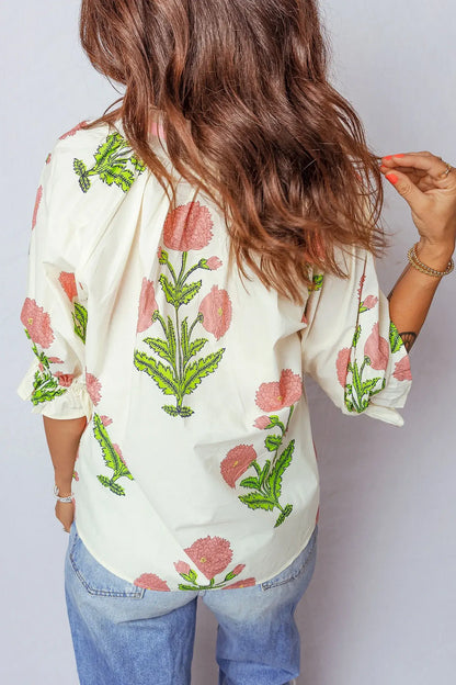 Casual Wild Flower Print V Neck 3/4 Sleeve Blouse - Sweet Fashion Wholesale