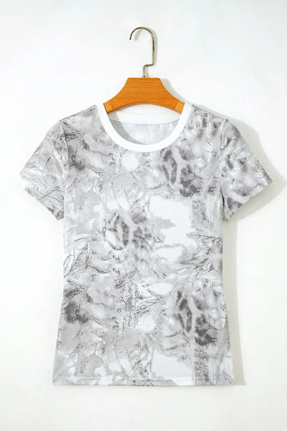 Gray Abstract Woodland Print Slim Fitted T Shirt - Sweet Fashion Wholesale