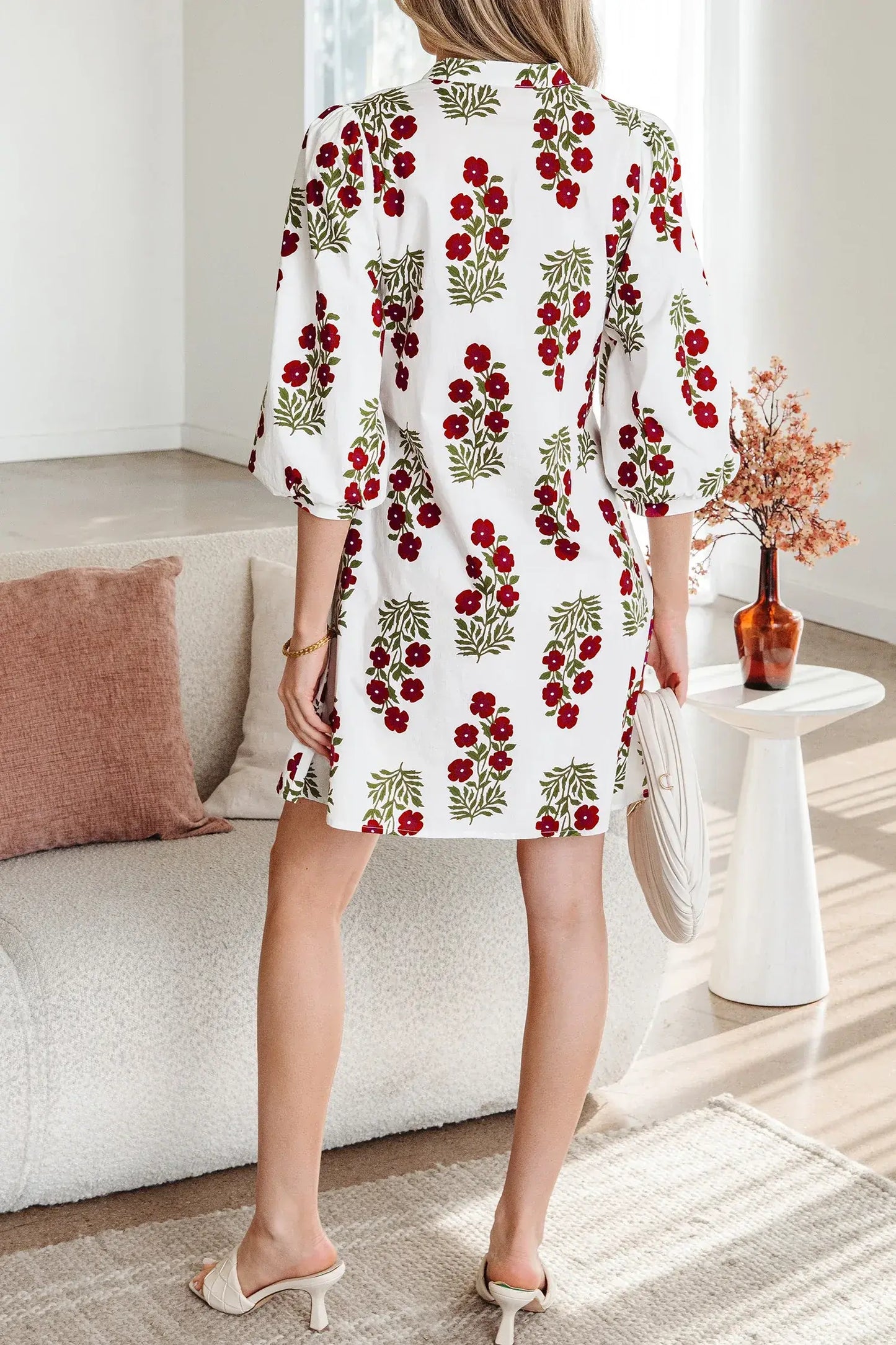 White Floral Print V Neck 3/4 Sleeve Loose Mini Dress - Sweet Fashion Wholesale