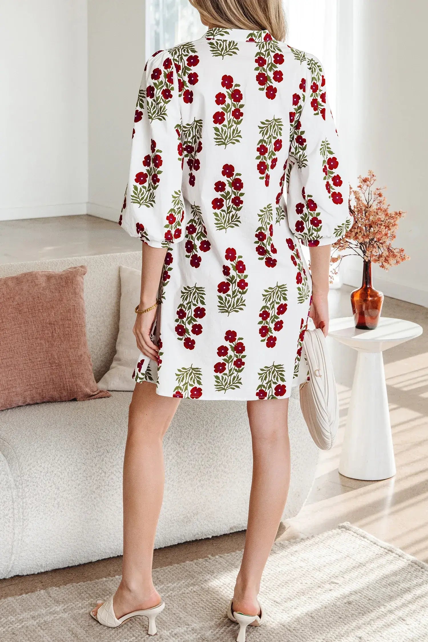 White Floral Print V Neck 3/4 Sleeve Loose Mini Dress - Sweet Fashion Wholesale