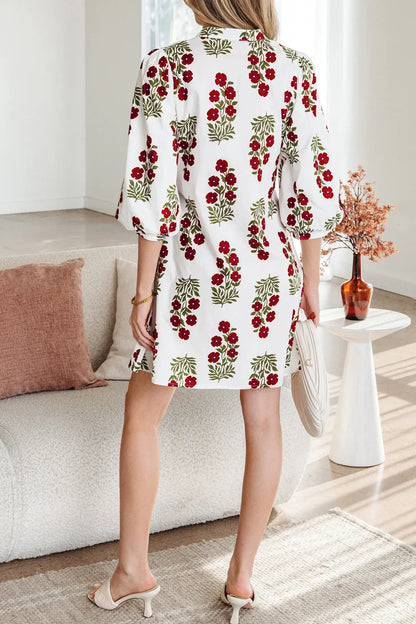 White Floral Print V Neck 3/4 Sleeve Loose Mini Dress - Sweet Fashion Wholesale