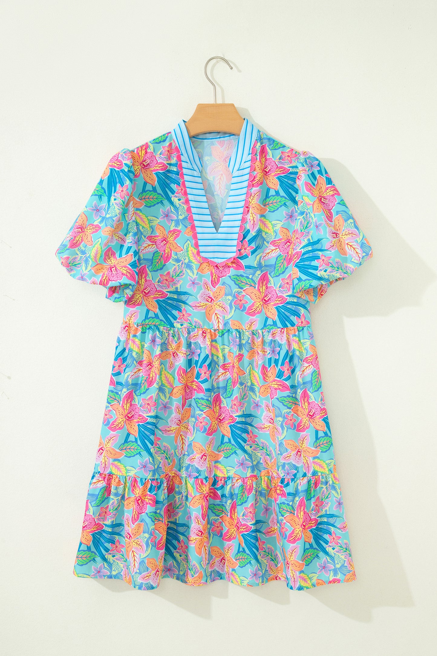 Multicolour Floral Print Contrast Scallop Striped Trim V Neck Dress