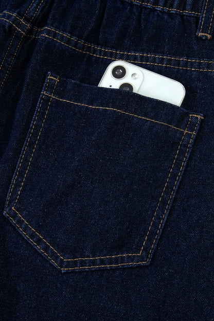 Navy Blue Embroidered Scalloped Trim Relaxed Denim Shorts - Sweet Fashion Wholesale