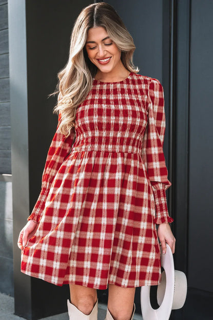 Red Plaid Print Smocked Puff Sleeve Mini Dress - Sweet Fashion Wholesale