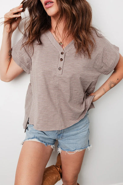 Khaki Stripe Buttoned V Neck High Low Side Slit T Shirt - Sweet Fashion Wholesale