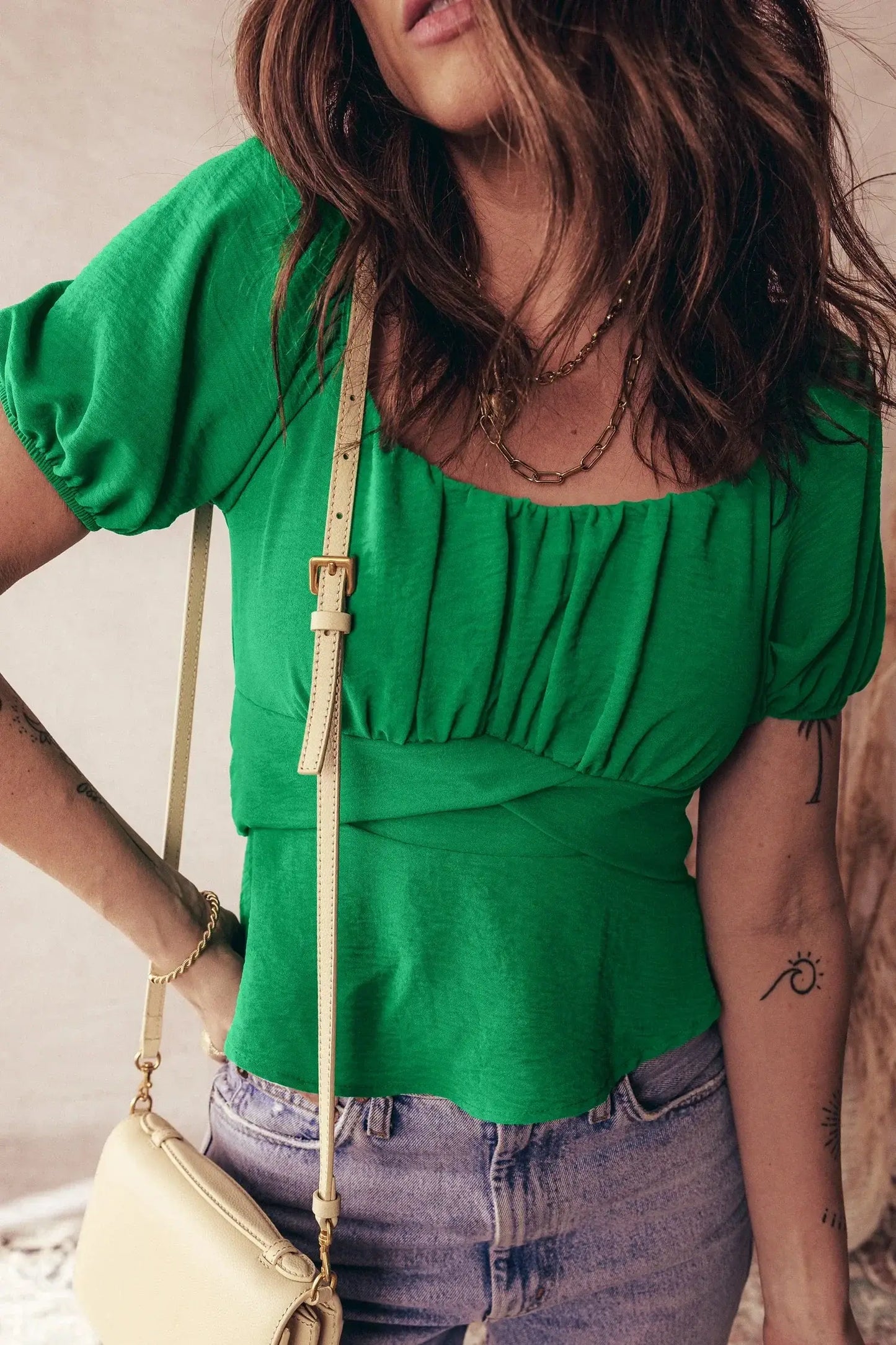 Dark Green Solid Color Ruched Crossed Waist Tied Back Short Sleeve Peplum Top - Sweet Fashion Wholesale