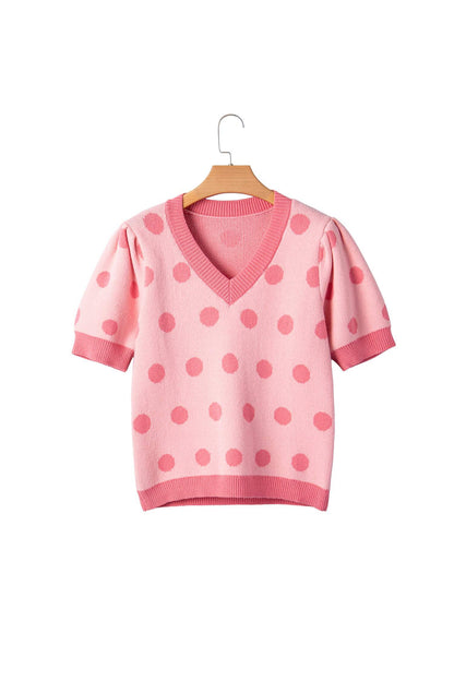 Pink Polka Dot Puff Short Sleeve Sweater Top