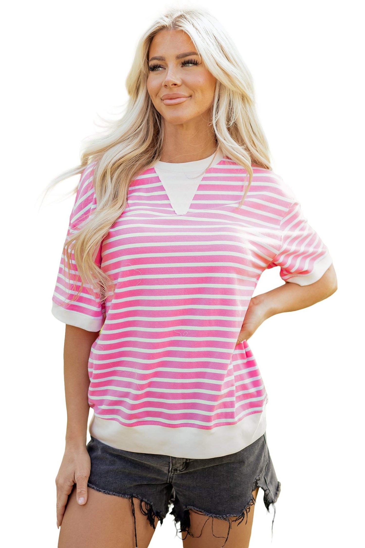 Pink Stripe Round Neck Drop Shoulder Short Sleeve Loose Top