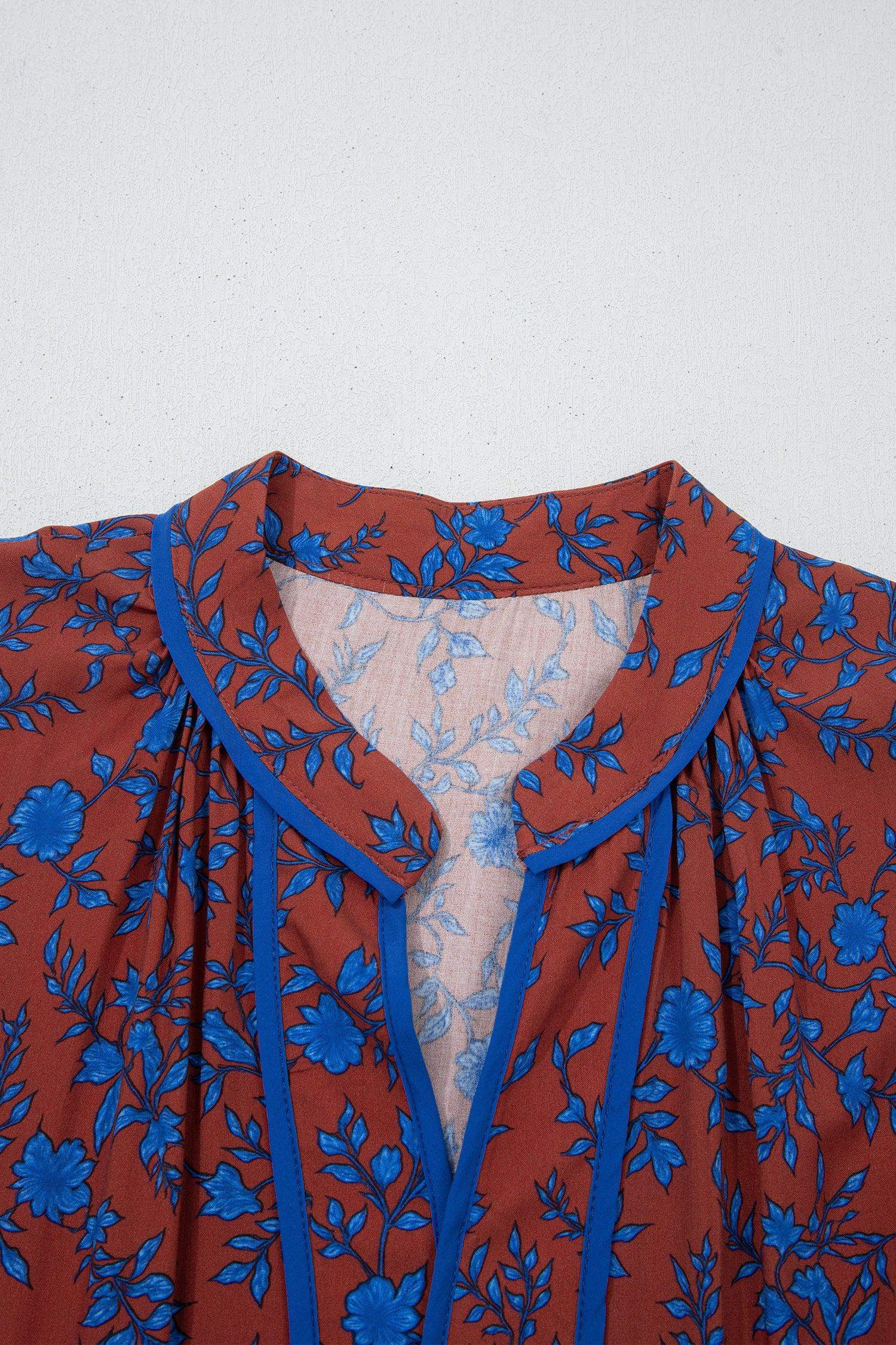 Brown 3/4 Puff Sleeve Tiered Loose Floral Dress - Sweet Fashion Wholesale