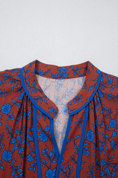 Brown 3/4 Puff Sleeve Tiered Loose Floral Dress - Sweet Fashion Wholesale