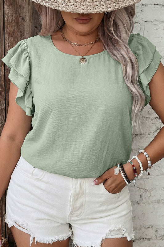Clearly Aqua Plus Size Crew Neck Ruffle Sleeve Top