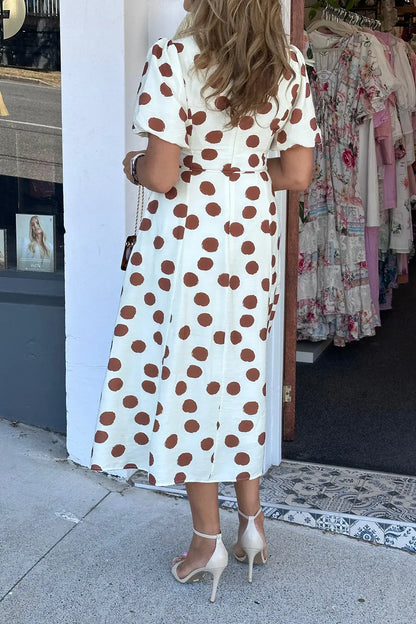 White Polka Dot Printed V Neck Short Sleeve Tie Waist Midi Dress - Sweet Fashion Wholesale