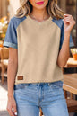 Parchment Denim Color Block Patchwork Round Neck Tee