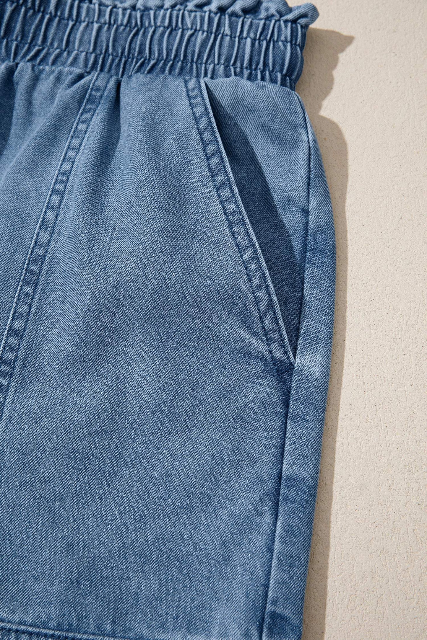 Dusk Blue Smocked Elastic Waist Denim Shorts