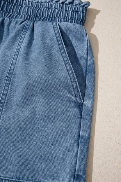 Dusk Blue Smocked Elastic Waist Denim Shorts