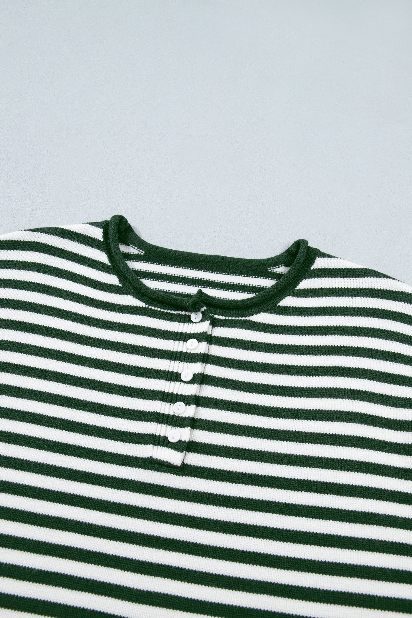 Green Stripe Striped Button Placket Drop Shoulder Long Sleeve Sweater