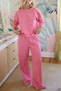 Rose Stripe Drop Shoulder Round Neck Top and Buttoned Straight Pants Two Piece Set - Sweet Fashion Wholesale