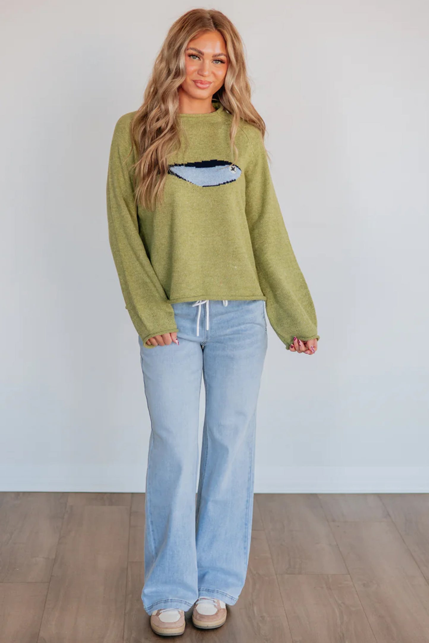 Meadow Mist Green Unique Fish Knit Oversized Round Neck Sweater